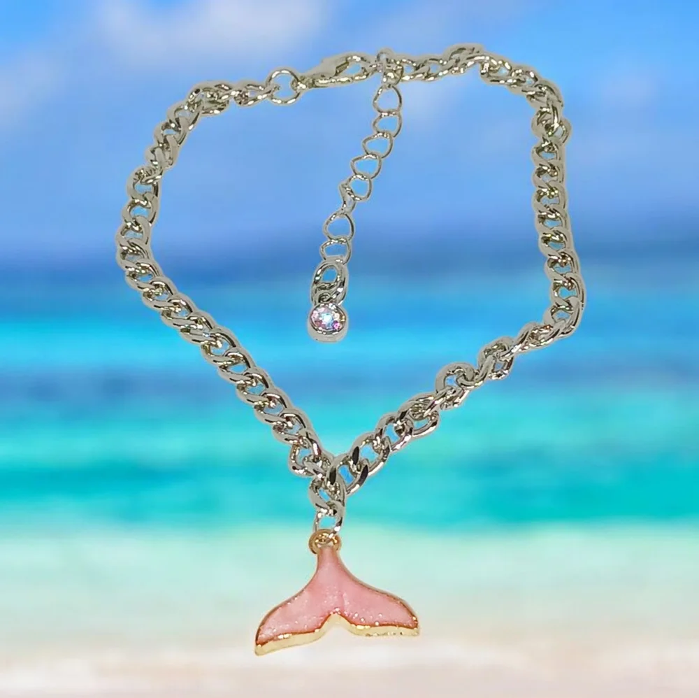 White Gold Ankle Bracelet with Pink Mermaid Tail Preppy Oceancore Seaside Beachy